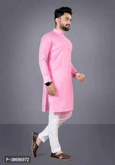 Latest Cotton Blend Full Sleeves Mandarin Collar Kurta Pyjama Set (Pink)-thumb4