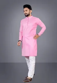 Latest Cotton Blend Full Sleeves Mandarin Collar Kurta Pyjama Set (Pink)-thumb1