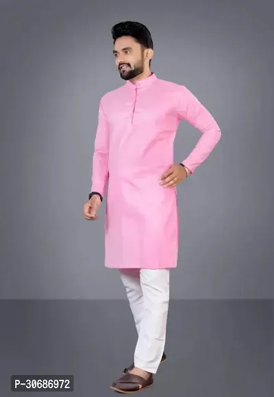 Latest Cotton Blend Full Sleeves Mandarin Collar Kurta Pyjama Set (Pink)-thumb2