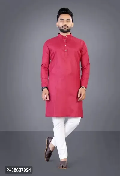 Latest Cotton Blend Full Sleeves Mandarin Collar Kurta Pyjama Set (Maroon)