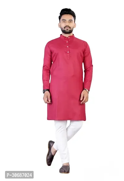 Latest Cotton Blend Full Sleeves Mandarin Collar Kurta Pyjama Set (Maroon)-thumb3