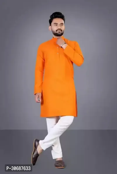 Latest Cotton Blend Full Sleeves Mandarin Collar Kurta Pyjama Set (Orange)-thumb0