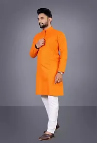 Latest Cotton Blend Full Sleeves Mandarin Collar Kurta Pyjama Set (Orange)-thumb1