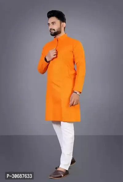 Latest Cotton Blend Full Sleeves Mandarin Collar Kurta Pyjama Set (Orange)-thumb2