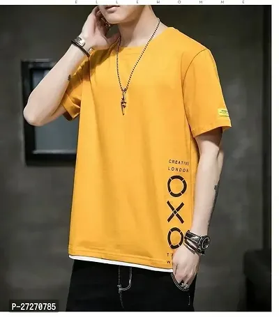 Stylish Yellow Printed Cotton Blend T-Shirt For Men-thumb0