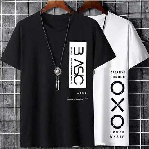 TP THUNDER PLANET Men's Pure Regular Fit Round Neck Half Sleeve Casual Tshirt (Black)(Combo B.Basic + W.OXO Half)(Pack of 2)