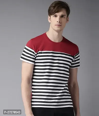 Stylish Maroon Striped Cotton Blend T-Shirt For Men