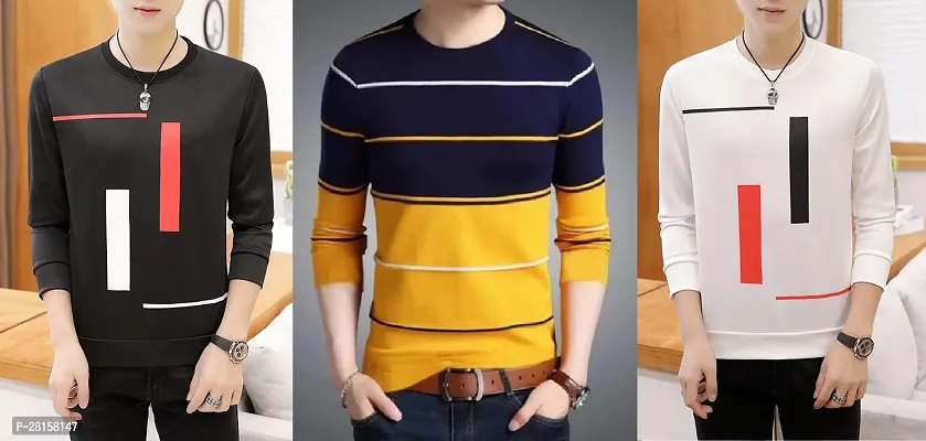 Elegant Cotton Blend Printed Round Neck Tees For Men- Pack Of 3