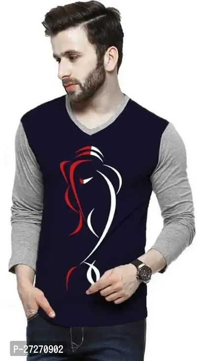 Stylish Navy Blue Printed Cotton Blend T-Shirt For Men