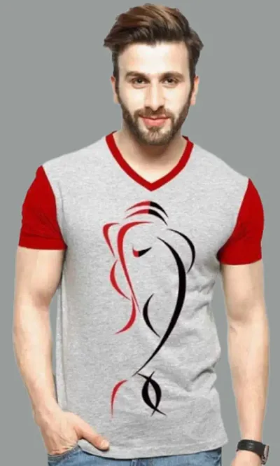 TP THUNDER PLANET Men's Pure Regular Fit V Neck Half Sleeve Casual Tshirt (Red)(Red Ganesh Half_L)