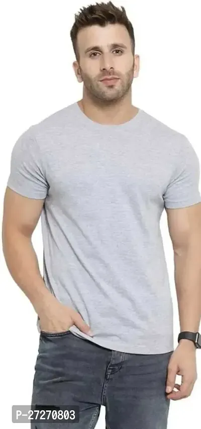 Stylish Grey Solid Cotton Blend T-Shirt For Men-thumb0