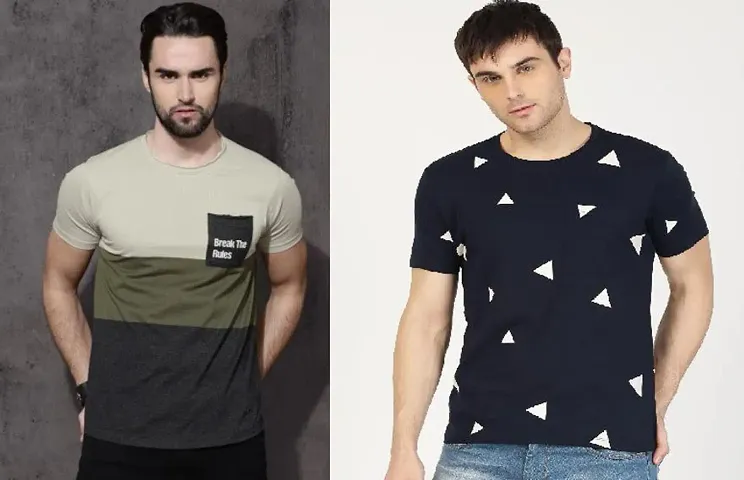 Trendy Stylish  Polycotton Printed Round Neck Half Sleeves  Tees For Men-Pack Of 2