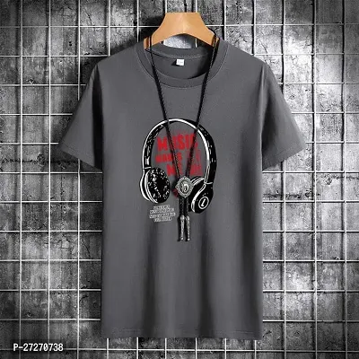 Stylish Grey Printed Cotton Blend T-Shirt For Men