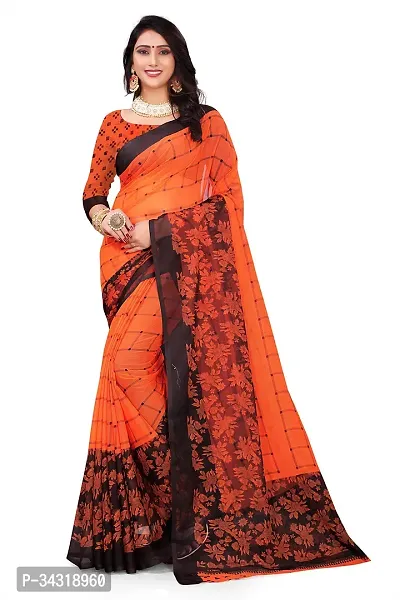 Stylish Orange Polycotton Saree Without Blouse Piece For Women-thumb0