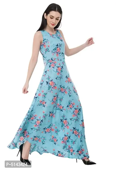 Stunning Blue Crepe Floral Print  Long Gown For Women