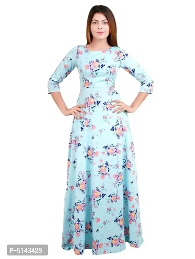 Stunning Blue Crepe Floral Print  Long Gown For Women-thumb0