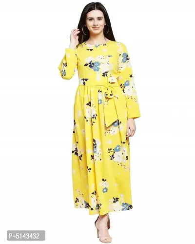 Stunning Yellow Crepe Floral Print  Long Gown For Women