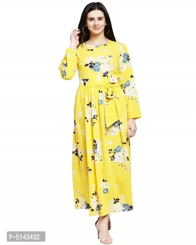 Stunning Yellow Crepe Floral Print  Long Gown For Women-thumb0