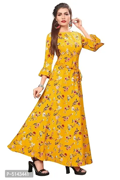 Stunning Yellow Crepe Floral Print  Long Gown For Women-thumb2