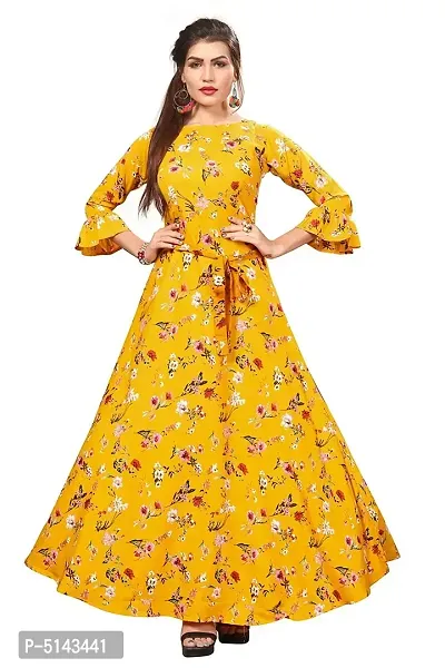 Stunning Yellow Crepe Floral Print  Long Gown For Women-thumb0