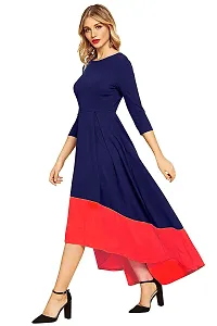 FAB YASHPA Girl's Solid Color High-Low Three-Quarter Sleeves Navy Blue Dress-thumb2