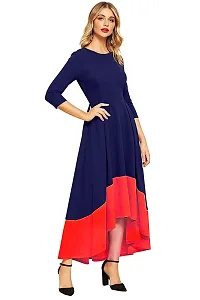 FAB YASHPA Girl's Solid Color High-Low Three-Quarter Sleeves Navy Blue Dress-thumb1
