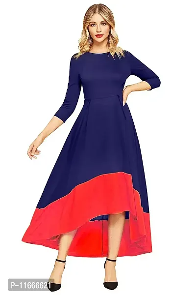 FAB YASHPA Girl's Solid Color High-Low Three-Quarter Sleeves Navy Blue Dress-thumb0