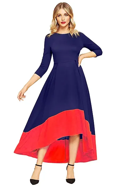 FAB YASHPA Girl's Solid Color High-Low Three-Quarter Sleeves Navy Blue Dress