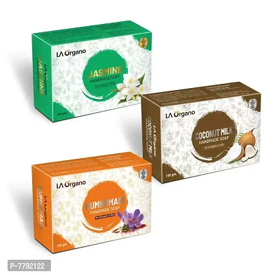 LA Organo Handmade Jasmine, Coconut Milk & Kumkumadi Bath Soap (100g each, Pack Of 3)