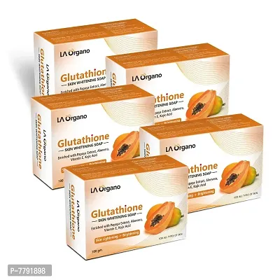 LA Organo Glutathione Papaya Skin Whitening Soap, with Vitamin E & C for Skin Lightening & Brightening, Kojic Acid, Dark Spot and Dead Skin Cell Removal, Fairness Soap For All Skin Type (Pack of 5)-thumb0