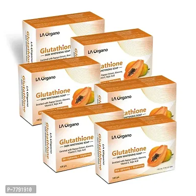 LA Organo Glutathione Papaya Skin Whitening Soap, with Vitamin E & C for Skin Lightening & Brightening, Kojic Acid, Dark Spot and Dead Skin Cell Removal, Fairness Soap For All Skin Type (Pack of 6)-thumb0