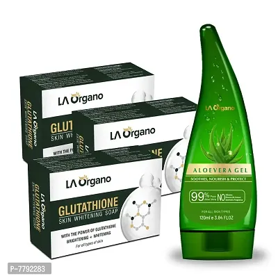 LA Organo Glutathione Skin whitening Soap, 75 g each (Pack of 3) With Aloe Vera Multipurpose Beauty Gel, 120 g For Perfect Skin Combo