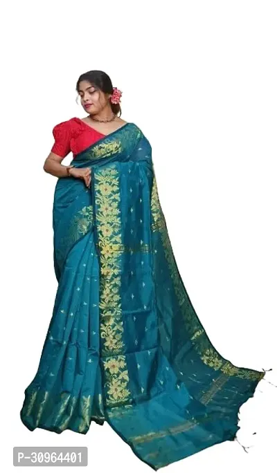 Beautiful Cotton Blue Woven Design  Saree with Blouse piece For Women