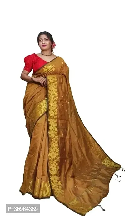 Beautiful Cotton Beige Woven Design  Saree with Blouse piece For Women-thumb0