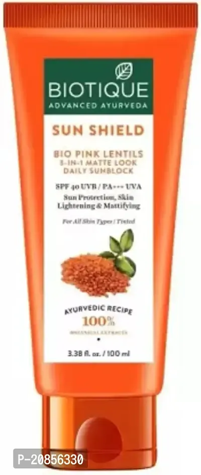 Biotique PINK LENTILS 3-IN-1 MATTE LOOK DAILY SUNBLOCK SPF 40 UVB/PA+++ UVA FOR ALL SKIN TYPE - SPF 40 UVB PA++ (100 ml)-thumb0