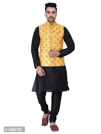 Sadree Men's Silk Kurta Pyjama with Stylish Yellow Floral Nehru Jacket (40, Black)-thumb0