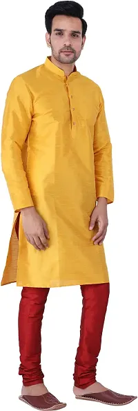 Stylish Yellow Silk Blend Solid Kurta With Bottom Wear Set For Men-thumb2