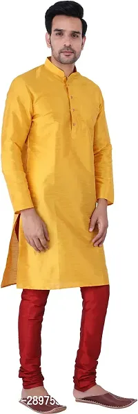 Stylish Yellow Silk Blend Solid Kurta With Bottom Wear Set For Men-thumb3