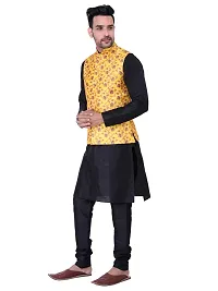 Sadree Men's Silk Kurta Pyjama with Stylish Yellow Floral Nehru Jacket (40, Black)-thumb2