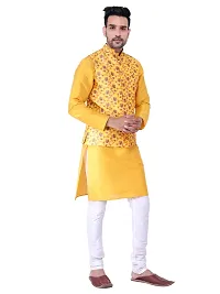 Sadree Men's Silk Kurta Pyjama with Stylish Yellow Floral Nehru Jacket | (Birthday,Wedding, Ceremony, Casual, Engagement) |Jacket  Kurta Pyjama Set-thumb1