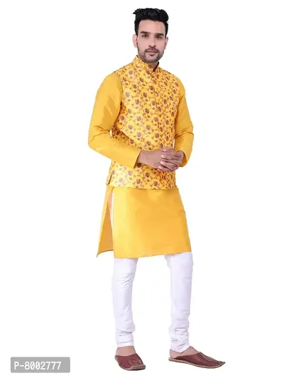 Sadree Men's Silk Kurta Pyjama with Stylish Yellow Floral Nehru Jacket | (Birthday,Wedding, Ceremony, Casual, Engagement) |Jacket  Kurta Pyjama Set-thumb2