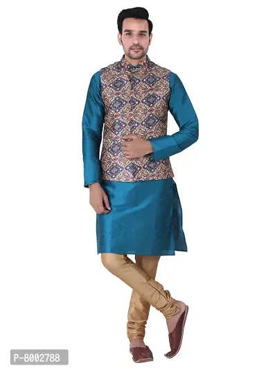 Sadree Men's Traditional Kurta Pajama with Blue Multi Printed Jacket for Men Ethnic Wear Occasion For (Birthday,Wedding, Ceremony, Casual, Engagement) |Jacket  Kurta Pyjama Set