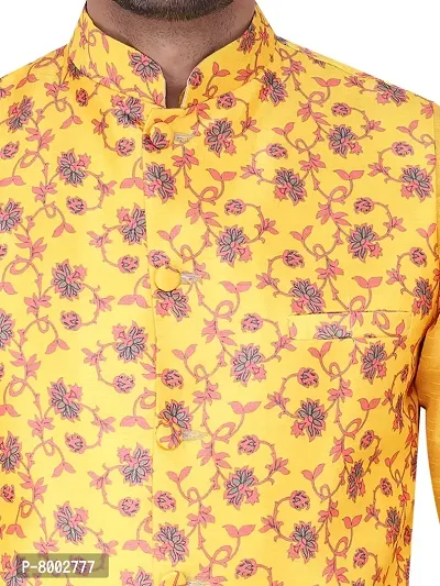 Sadree Men's Silk Kurta Pyjama with Stylish Yellow Floral Nehru Jacket | (Birthday,Wedding, Ceremony, Casual, Engagement) |Jacket  Kurta Pyjama Set-thumb5