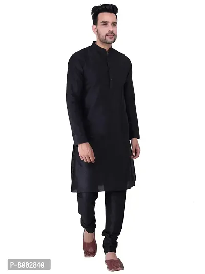 Sadree Men's Silk Kurta Pyjama Set Multi Design | Ban Collor Long Sleeve Dupion Silk Solid Kurta Churidar Pyjama for Men (44, Black)