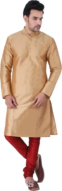 Stylish Beige Silk Blend Solid Kurta With Bottom Wear Set For Men-thumb0