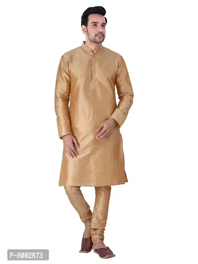 Sadree Men's Silk Kurta Pyjama Set Multi Design | Ban Collor Long Sleeve Dupion Silk Solid Kurta Churidar Pyjama for Men (40, chiku)