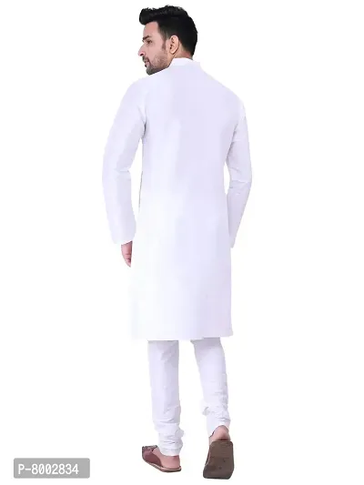 Sadree Men's Silk Kurta Pyjama Set Multi Design | Ban Collor Long Sleeve Dupion Silk Solid Kurta Churidar Pyjama for Men (42, White)-thumb4