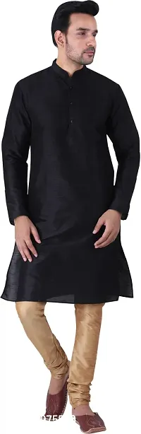 Stylish Black Silk Blend Solid Kurta With Bottom Wear Set For Men-thumb0