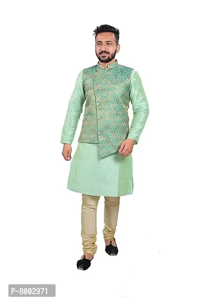 Sadree Men's Silk Kurta Pajama Jacket Set Latest (Birthday,Wedding, Ceremony, Casual, Engagement) |Jacket  Kurta Pyjama Set (40, Green)