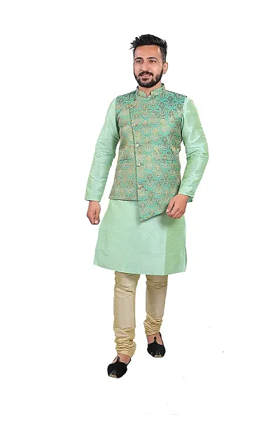 Sadree Men's Silk Kurta Pajama Jacket Set Latest (Birthday,Wedding, Ceremony, Casual, Engagement) |Jacket Kurta Pyjama Set (40, Green)